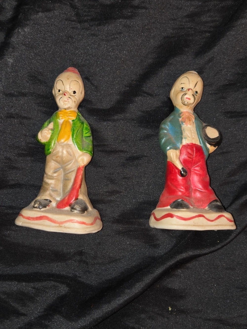 Vintage Ceramic Clown Figurine Pair in Red, Green and Blue
